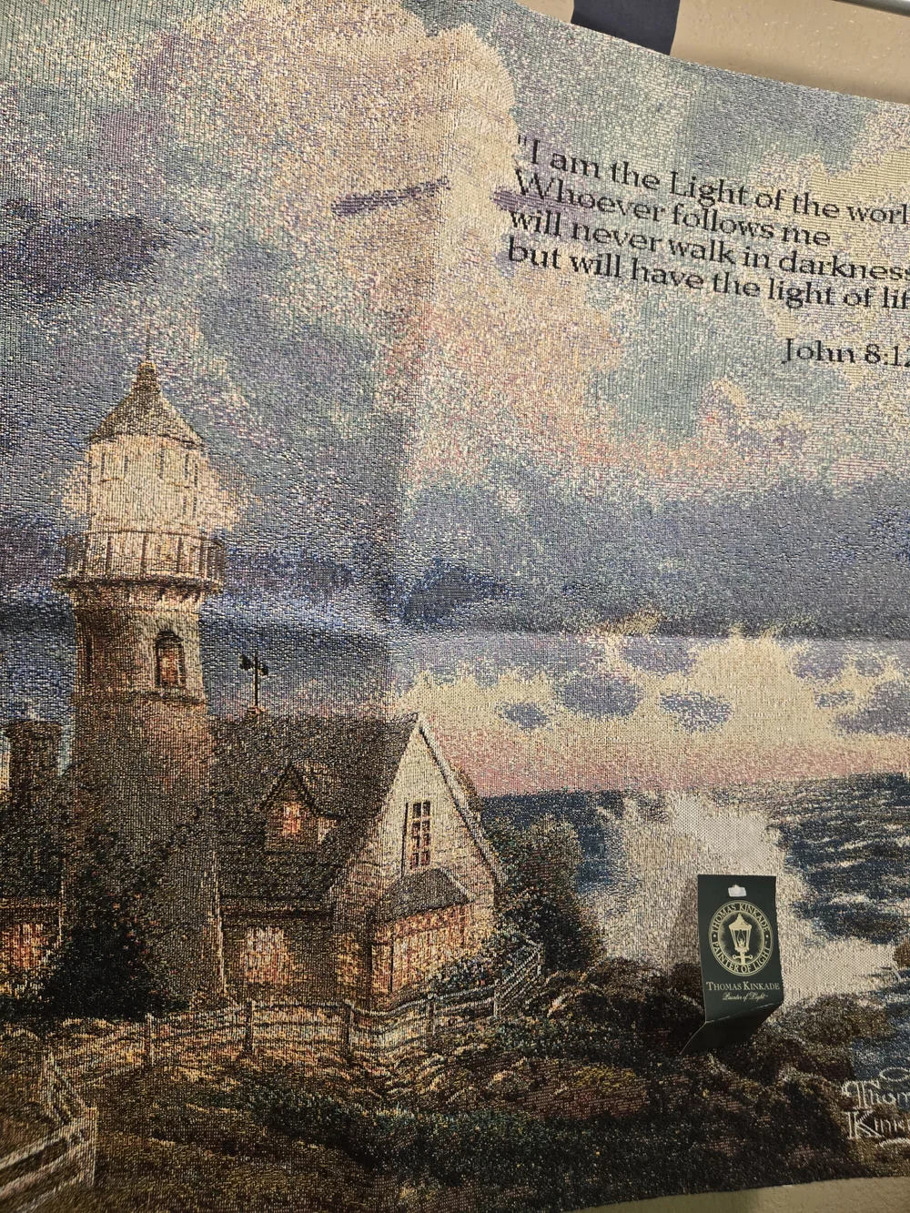 Vintage Thomas Kinkade Lighthouse Tapestry in Blue, Cream and Brown